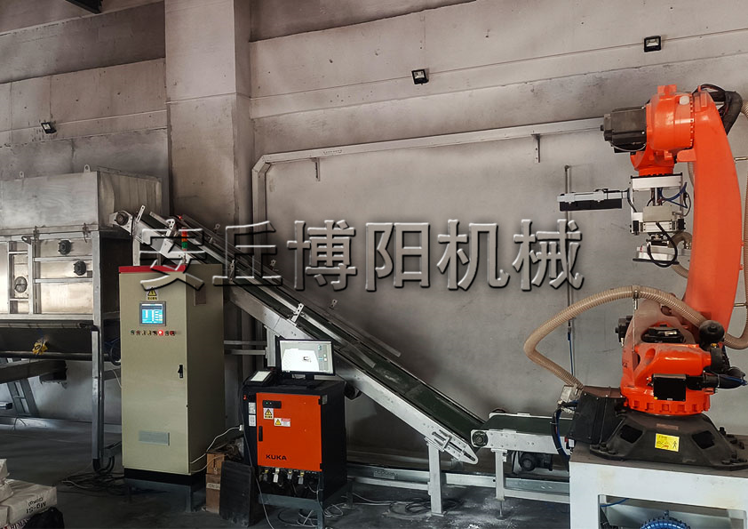 機器人自動拆垛機+自動拆包機+管鏈輸送機投料